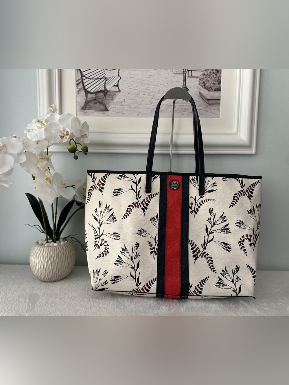 Tory Burch Kerrington Large Square Floral Stripe Tote Bag GUC